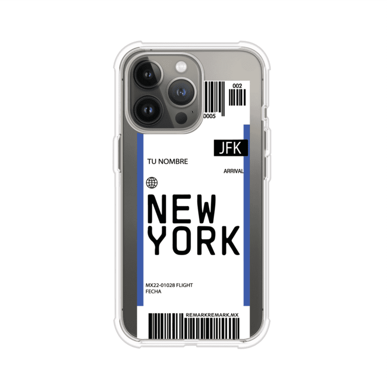 Funda personalizada estilo pase de abordar con diseño de Nueva York y código JFK, personalizable con nombre y datos de vuelo; producto de Remark MX para iPhone