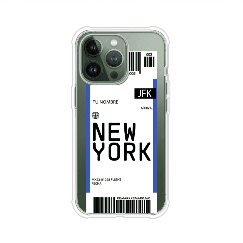 Funda personalizada estilo pase de abordar con diseño de Nueva York y código JFK, personalizable con nombre y datos de vuelo; producto de Remark MX para iPhone