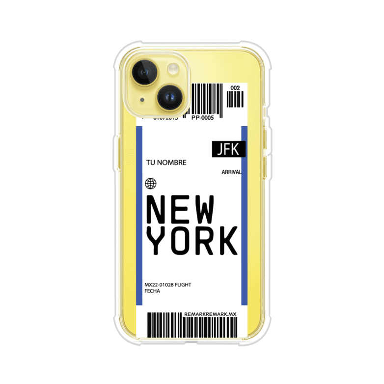 Funda personalizada estilo pase de abordar con diseño de Nueva York y código JFK, personalizable con nombre y datos de vuelo; producto de Remark MX para iPhone
