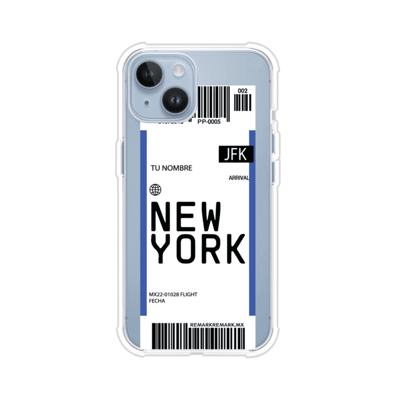 Funda personalizada estilo pase de abordar con diseño de Nueva York y código JFK, personalizable con nombre y datos de vuelo; producto de Remark MX para iPhone
