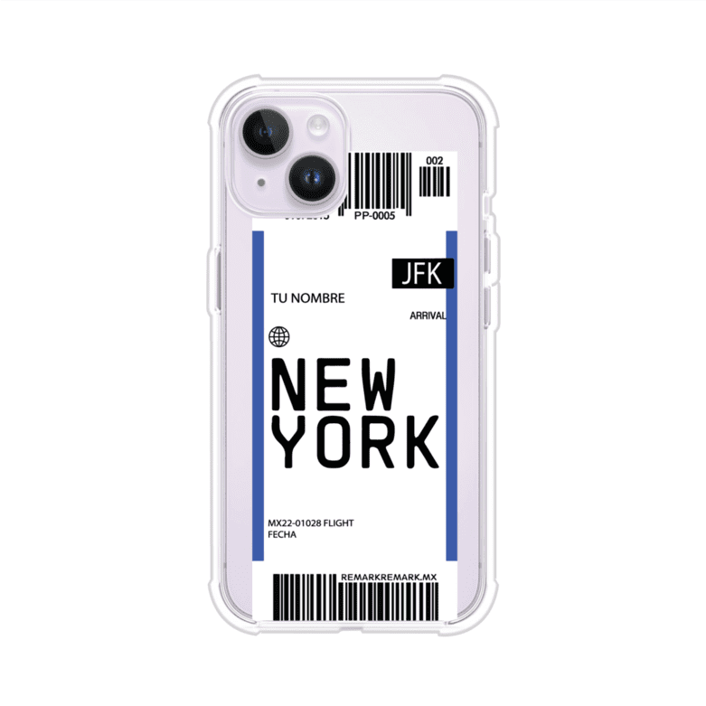 Funda personalizada estilo pase de abordar con diseño de Nueva York y código JFK, personalizable con nombre y datos de vuelo; producto de Remark MX para iPhone