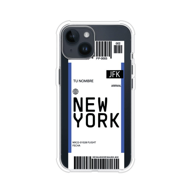 Funda personalizada estilo pase de abordar con diseño de Nueva York y código JFK, personalizable con nombre y datos de vuelo; producto de Remark MX para iPhone