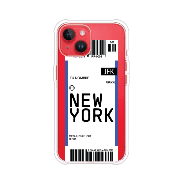 Funda personalizada estilo pase de abordar con diseño de Nueva York y código JFK, personalizable con nombre y datos de vuelo; producto de Remark MX para iPhone