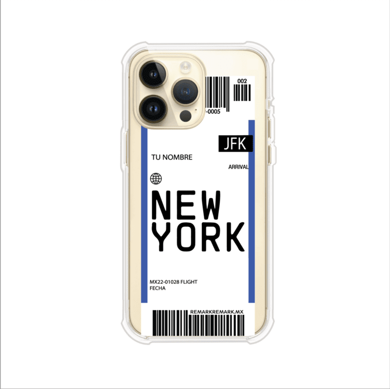 Funda personalizada estilo pase de abordar con diseño de Nueva York y código JFK, personalizable con nombre y datos de vuelo; producto de Remark MX para iPhone