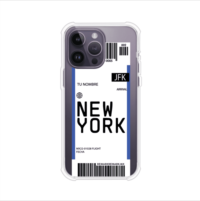 Funda personalizada estilo pase de abordar con diseño de Nueva York y código JFK, personalizable con nombre y datos de vuelo; producto de Remark MX para iPhone