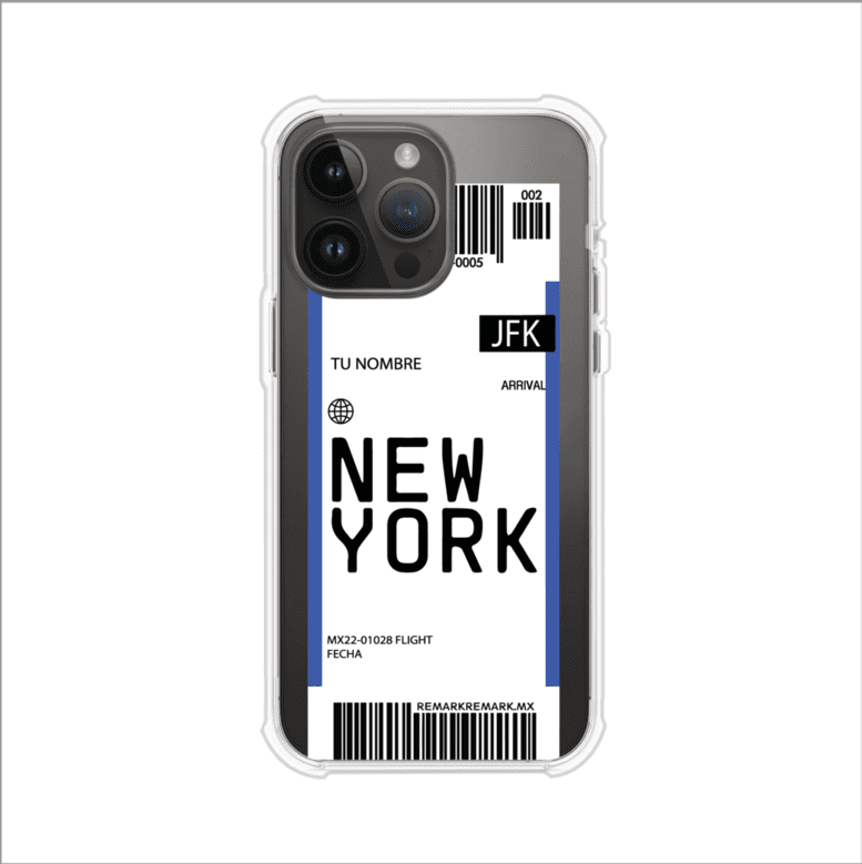 Funda personalizada estilo pase de abordar con diseño de Nueva York y código JFK, personalizable con nombre y datos de vuelo; producto de Remark MX para iPhone