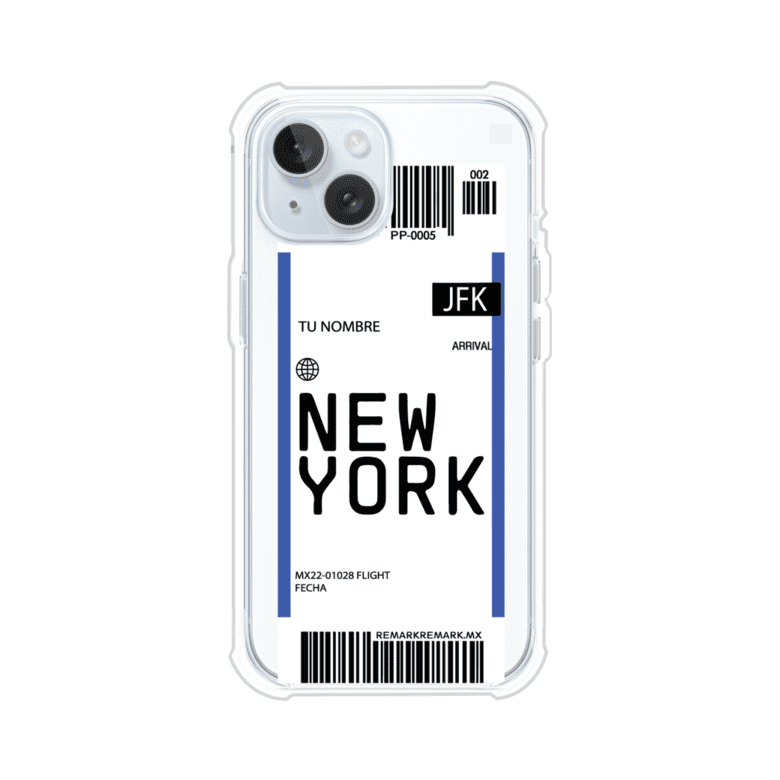 Funda personalizada estilo pase de abordar con diseño de Nueva York y código JFK, personalizable con nombre y datos de vuelo; producto de Remark MX para iPhone