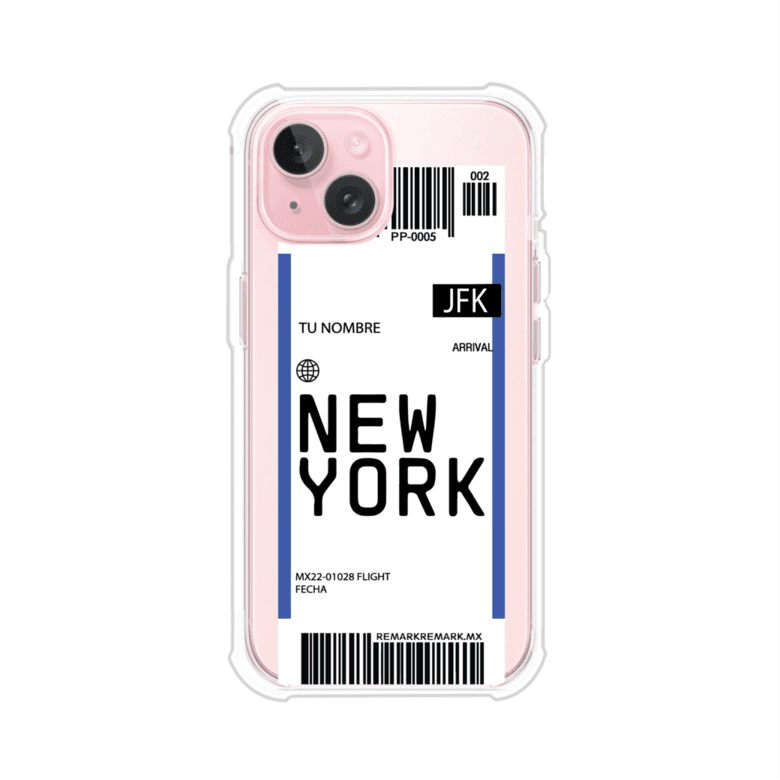 Funda personalizada estilo pase de abordar con diseño de Nueva York y código JFK, personalizable con nombre y datos de vuelo; producto de Remark MX para iPhone