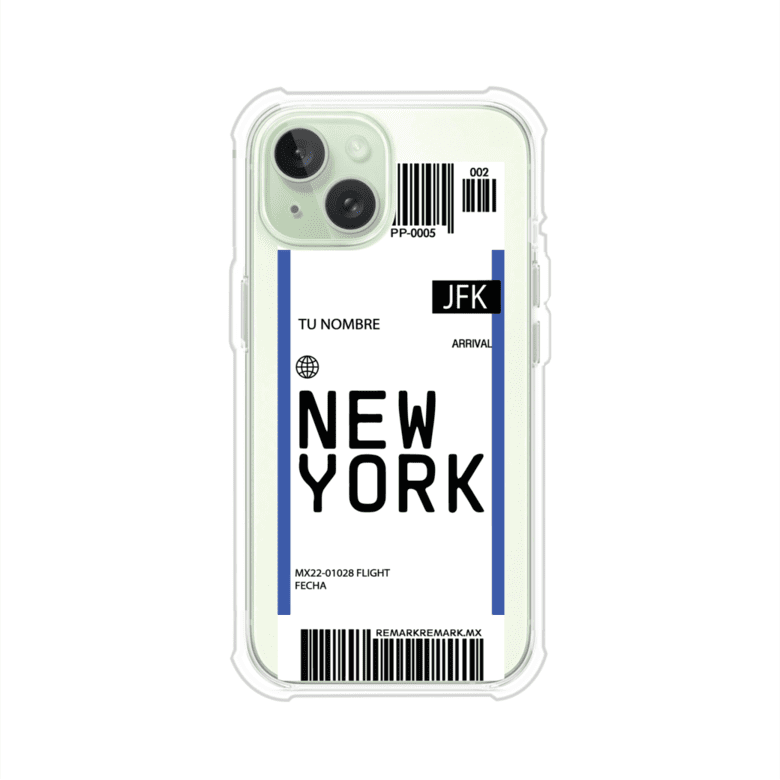 Funda personalizada estilo pase de abordar con diseño de Nueva York y código JFK, personalizable con nombre y datos de vuelo; producto de Remark MX para iPhone