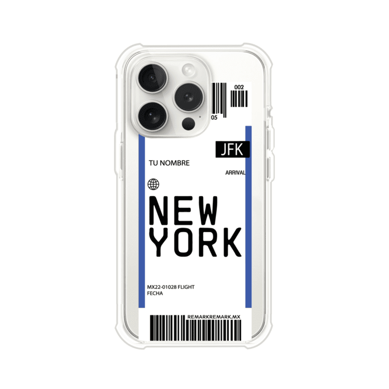 Funda personalizada estilo pase de abordar con diseño de Nueva York y código JFK, personalizable con nombre y datos de vuelo; producto de Remark MX para iPhone