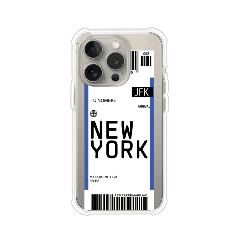 Funda personalizada estilo pase de abordar con diseño de Nueva York y código JFK, personalizable con nombre y datos de vuelo; producto de Remark MX para iPhone