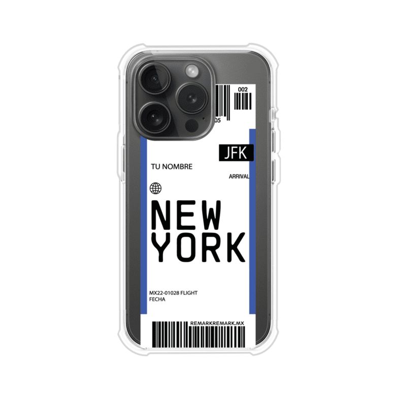 Funda personalizada estilo pase de abordar con diseño de Nueva York y código JFK, personalizable con nombre y datos de vuelo; producto de Remark MX para iPhone
