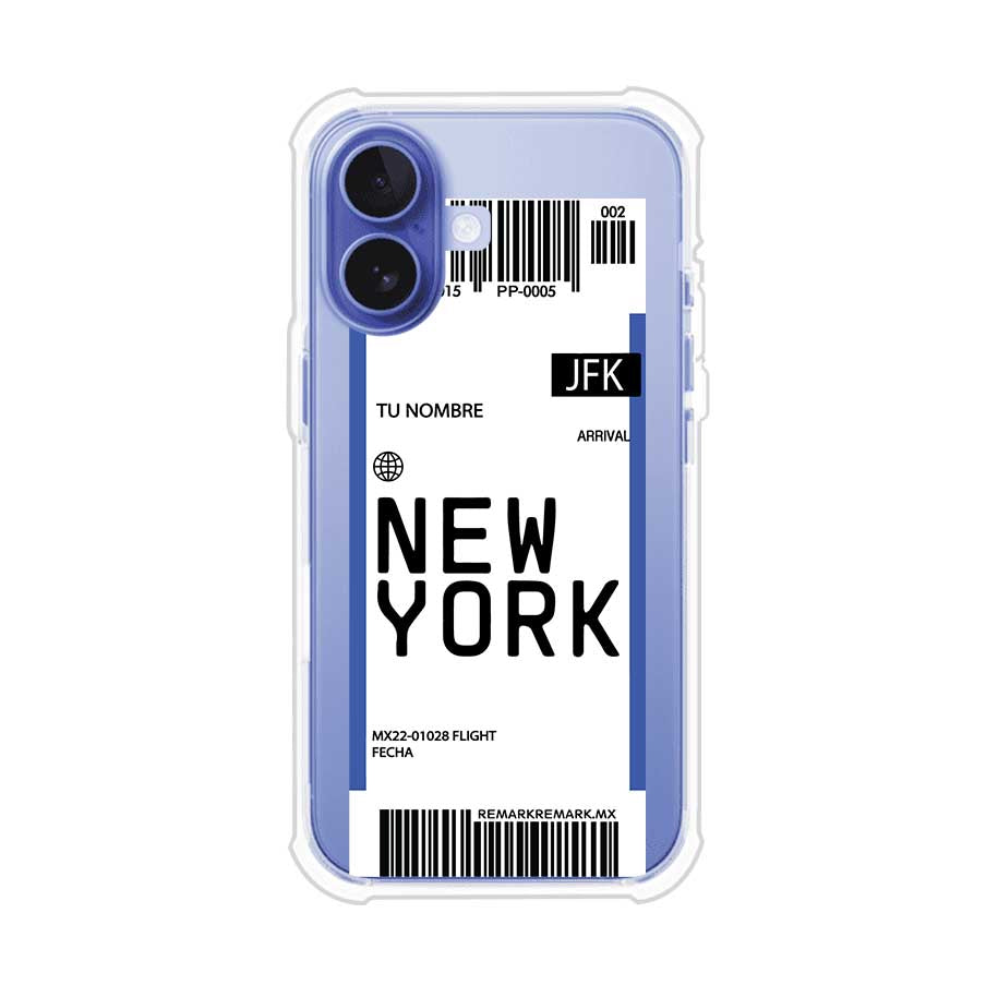 Funda personalizada estilo pase de abordar con diseño de Nueva York y código JFK, personalizable con nombre y datos de vuelo; producto de Remark MX para iPhone