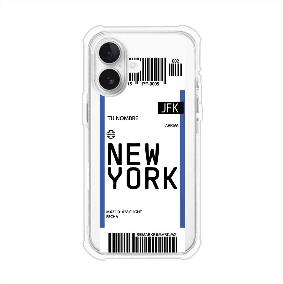 Funda personalizada estilo pase de abordar con diseño de Nueva York y código JFK, personalizable con nombre y datos de vuelo; producto de Remark MX para iPhone