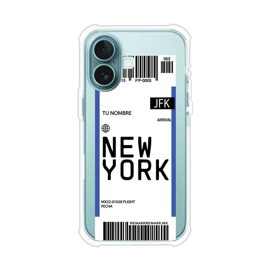Funda personalizada estilo pase de abordar con diseño de Nueva York y código JFK, personalizable con nombre y datos de vuelo; producto de Remark MX para iPhone