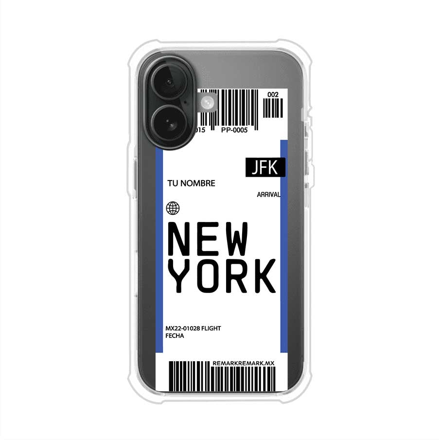 Funda personalizada estilo pase de abordar con diseño de Nueva York y código JFK, personalizable con nombre y datos de vuelo; producto de Remark MX para iPhone