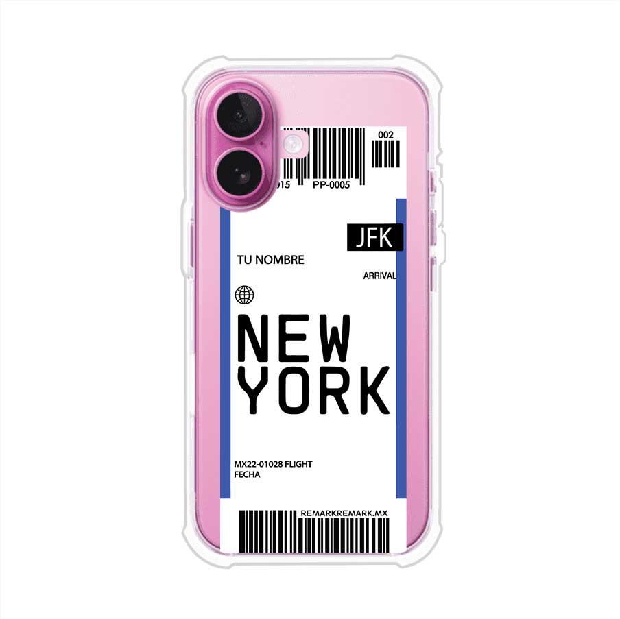 Funda personalizada estilo pase de abordar con diseño de Nueva York y código JFK, personalizable con nombre y datos de vuelo; producto de Remark MX para iPhone