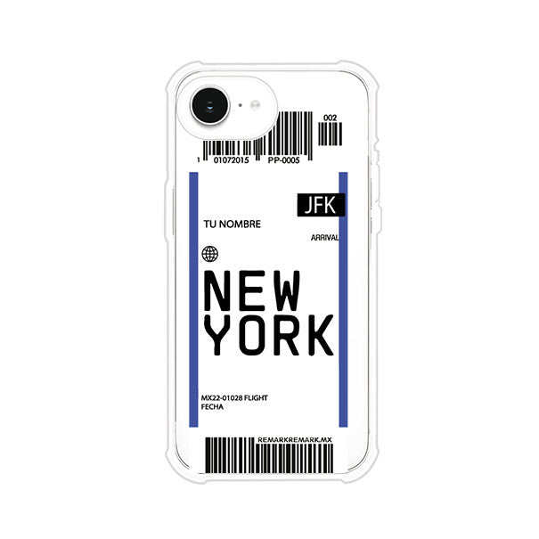 Funda personalizada estilo pase de abordar con diseño de Nueva York y código JFK, personalizable con nombre y datos de vuelo; producto de Remark MX para iPhone