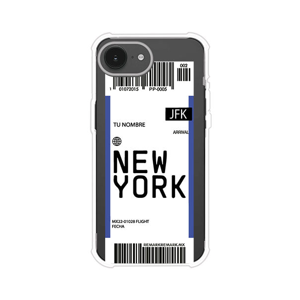 Funda personalizada estilo pase de abordar con diseño de Nueva York y código JFK, personalizable con nombre y datos de vuelo; producto de Remark MX para iPhone