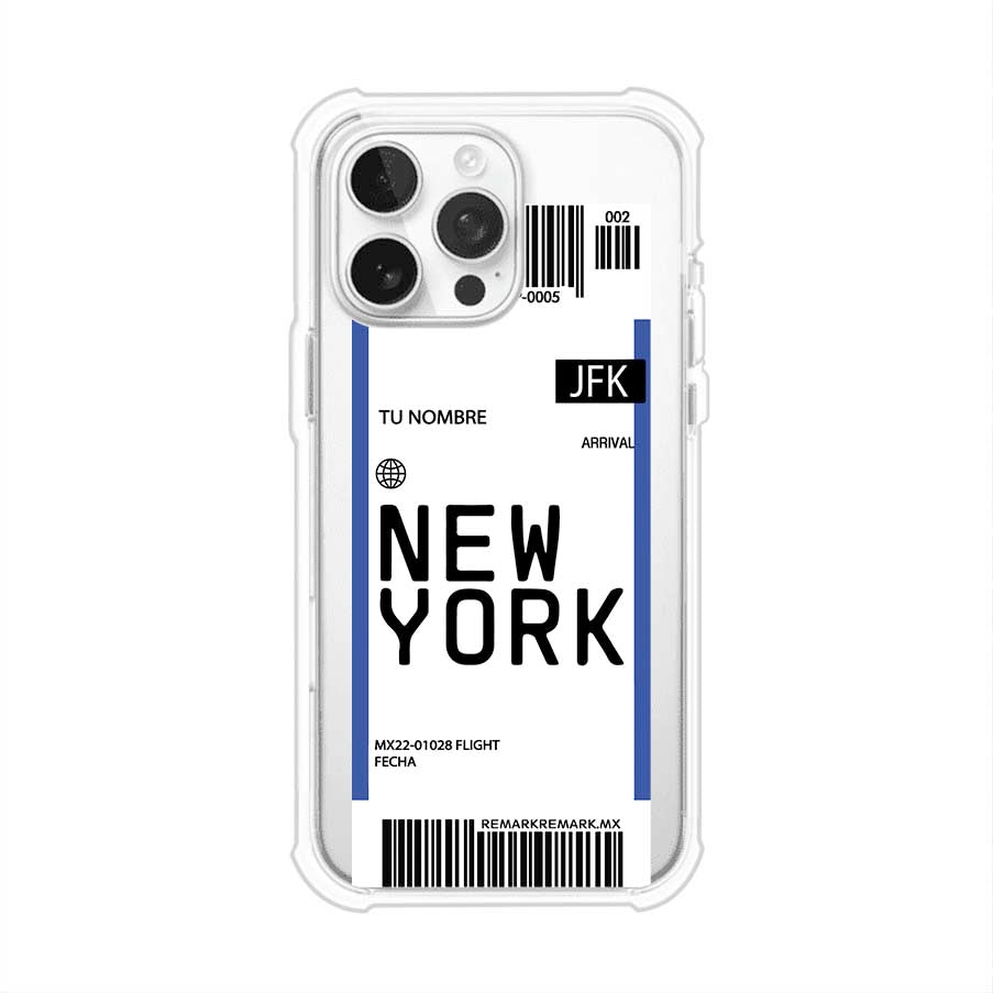 Funda personalizada estilo pase de abordar con diseño de Nueva York y código JFK, personalizable con nombre y datos de vuelo; producto de Remark MX para iPhone