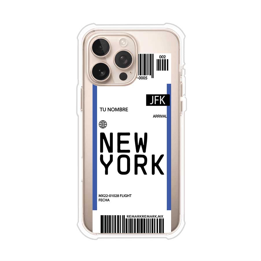 Funda personalizada estilo pase de abordar con diseño de Nueva York y código JFK, personalizable con nombre y datos de vuelo; producto de Remark MX para iPhone
