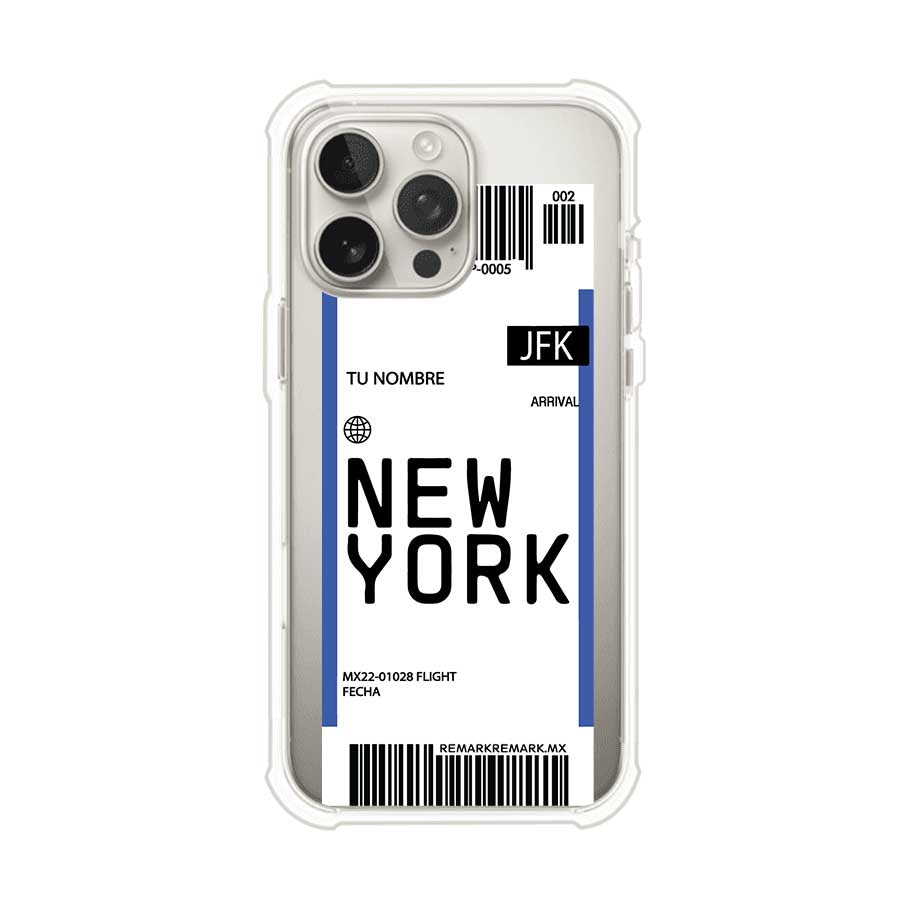 Funda personalizada estilo pase de abordar con diseño de Nueva York y código JFK, personalizable con nombre y datos de vuelo; producto de Remark MX para iPhone