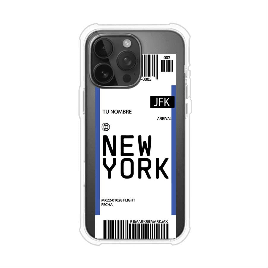 Funda personalizada estilo pase de abordar con diseño de Nueva York y código JFK, personalizable con nombre y datos de vuelo; producto de Remark MX para iPhone