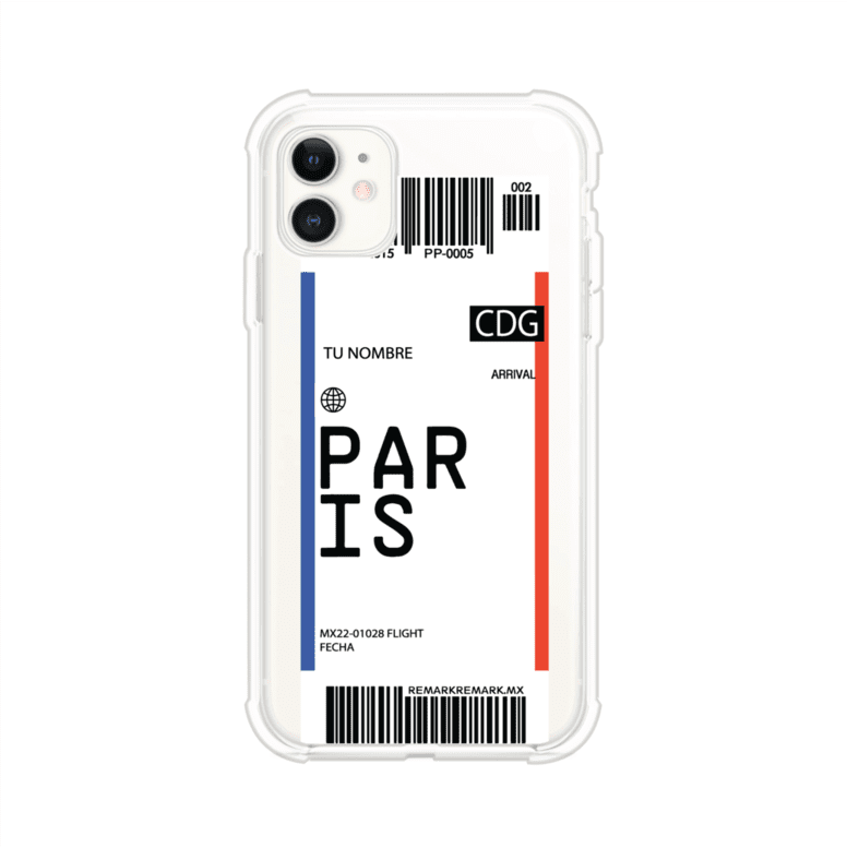 Funda personalizada estilo pase de abordar con diseño de París y código CDG, personalizable con nombre y datos de vuelo; producto de Remark MX para iPhone