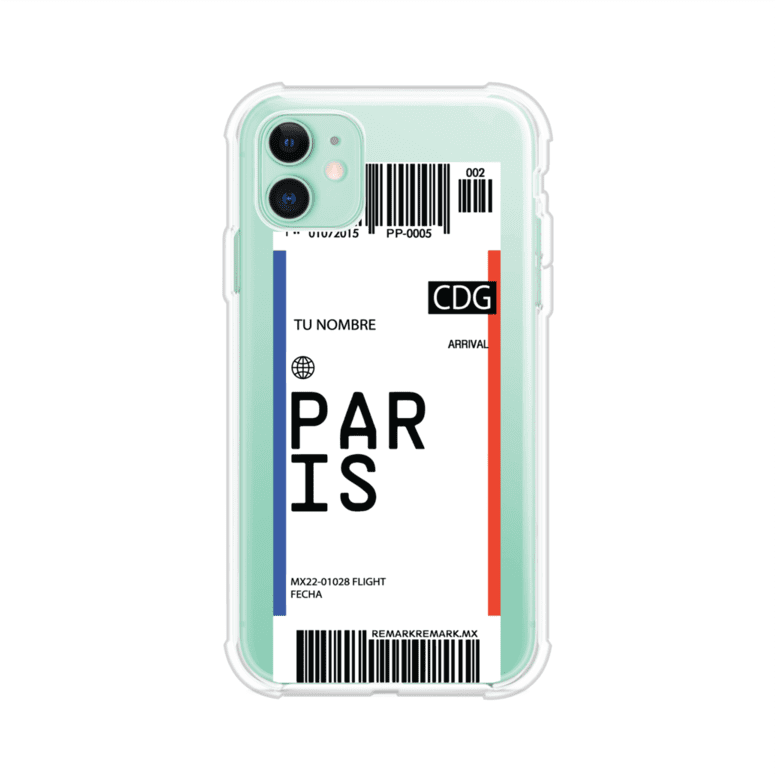 Funda personalizada estilo pase de abordar con diseño de París y código CDG, personalizable con nombre y datos de vuelo; producto de Remark MX para iPhone