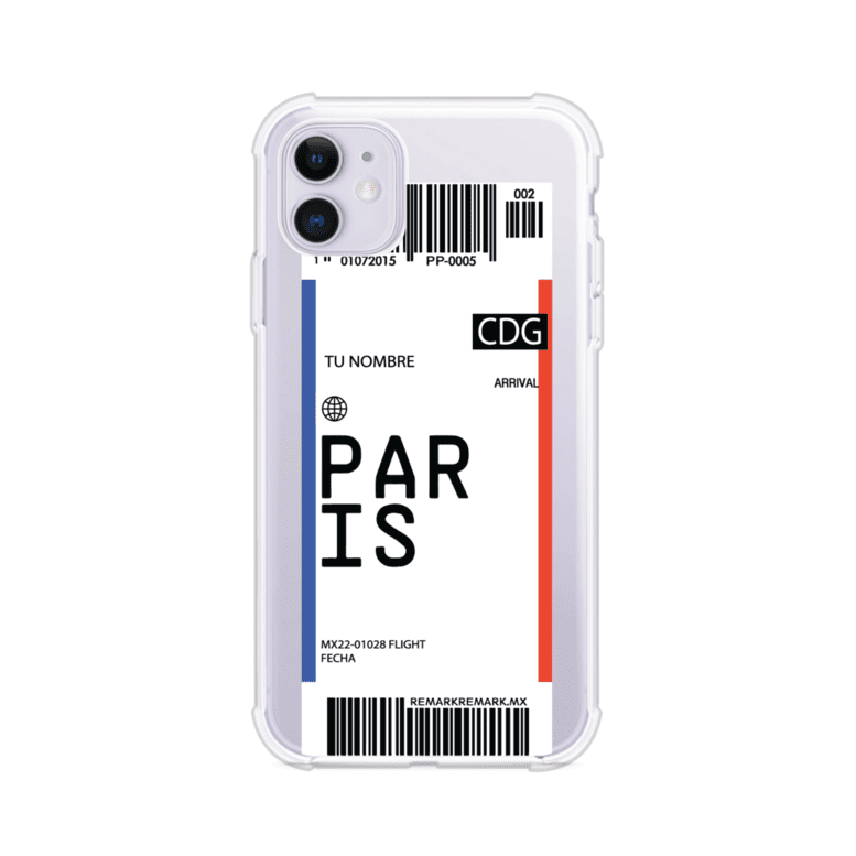 Funda personalizada estilo pase de abordar con diseño de París y código CDG, personalizable con nombre y datos de vuelo; producto de Remark MX para iPhone