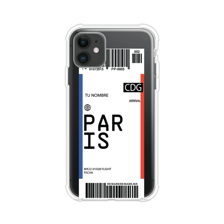Funda personalizada estilo pase de abordar con diseño de París y código CDG, personalizable con nombre y datos de vuelo; producto de Remark MX para iPhone