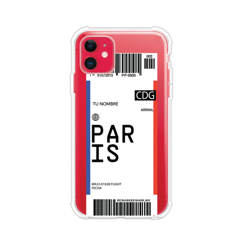 Funda personalizada estilo pase de abordar con diseño de París y código CDG, personalizable con nombre y datos de vuelo; producto de Remark MX para iPhone