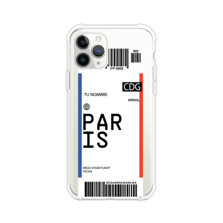 Funda personalizada estilo pase de abordar con diseño de París y código CDG, personalizable con nombre y datos de vuelo; producto de Remark MX para iPhone