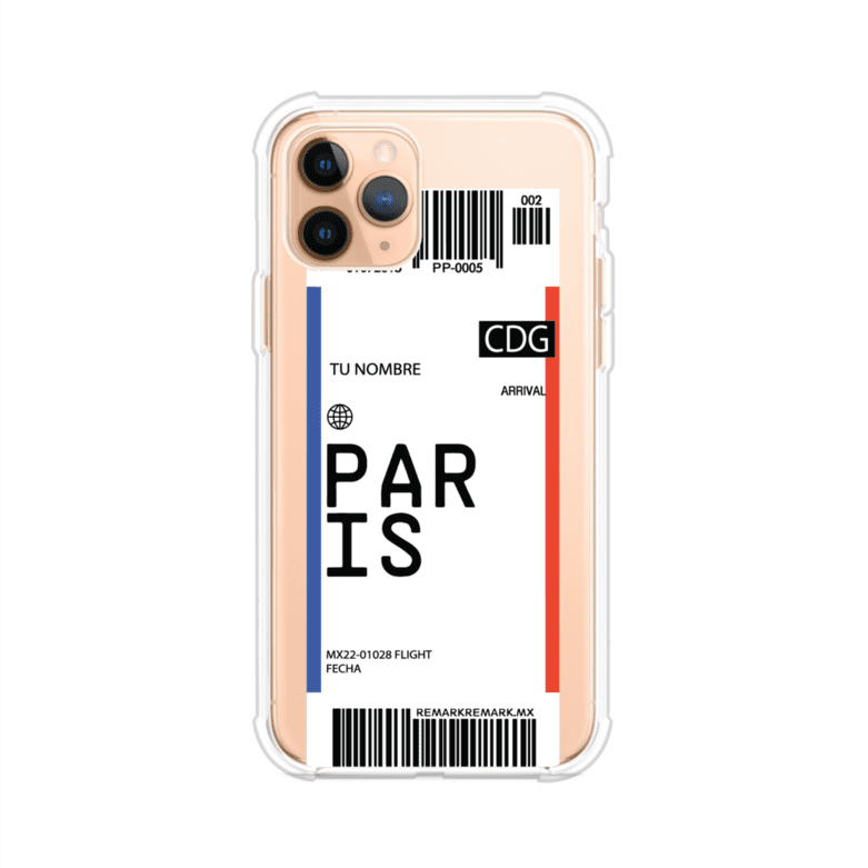 Funda personalizada estilo pase de abordar con diseño de París y código CDG, personalizable con nombre y datos de vuelo; producto de Remark MX para iPhone