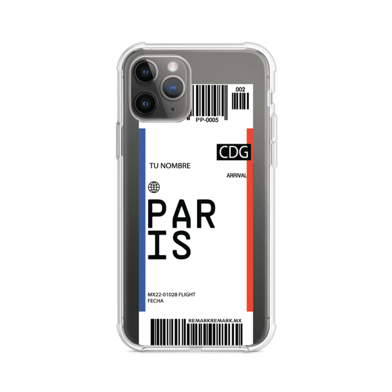 Funda personalizada estilo pase de abordar con diseño de París y código CDG, personalizable con nombre y datos de vuelo; producto de Remark MX para iPhone