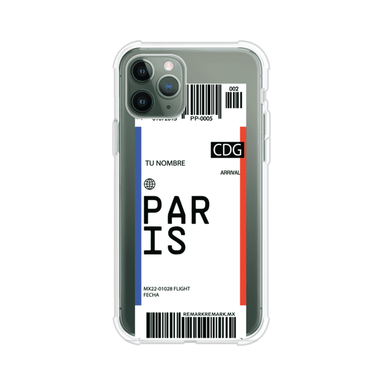 Funda personalizada estilo pase de abordar con diseño de París y código CDG, personalizable con nombre y datos de vuelo; producto de Remark MX para iPhone