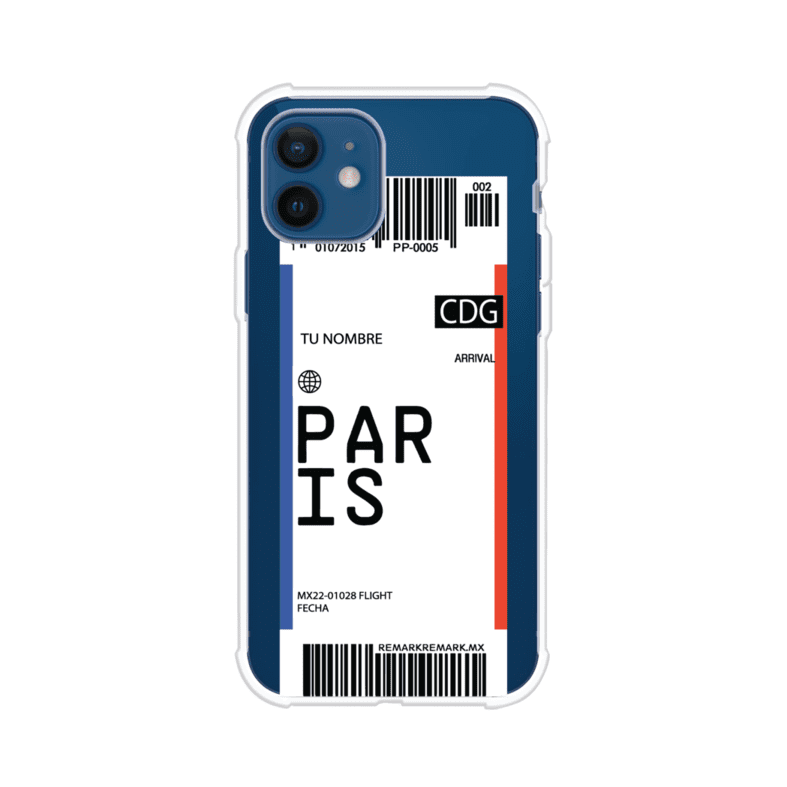 Funda personalizada estilo pase de abordar con diseño de París y código CDG, personalizable con nombre y datos de vuelo; producto de Remark MX para iPhone