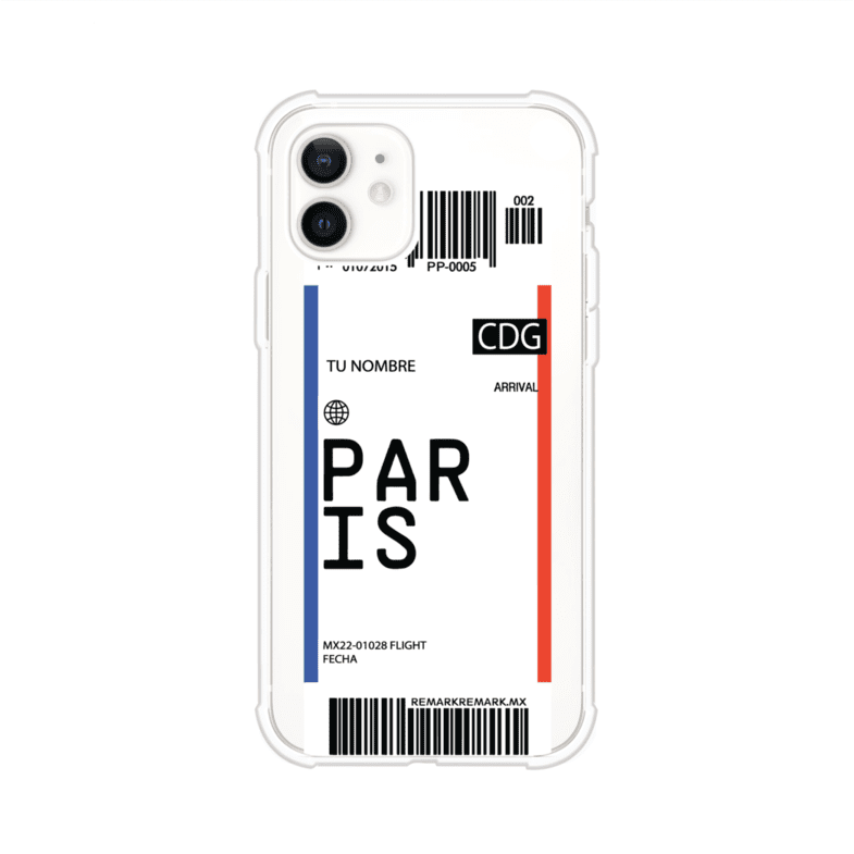 Funda personalizada estilo pase de abordar con diseño de París y código CDG, personalizable con nombre y datos de vuelo; producto de Remark MX para iPhone