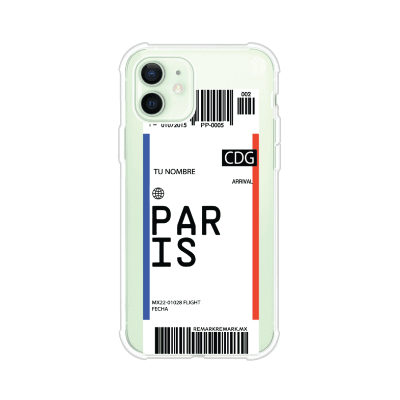 Funda personalizada estilo pase de abordar con diseño de París y código CDG, personalizable con nombre y datos de vuelo; producto de Remark MX para iPhone