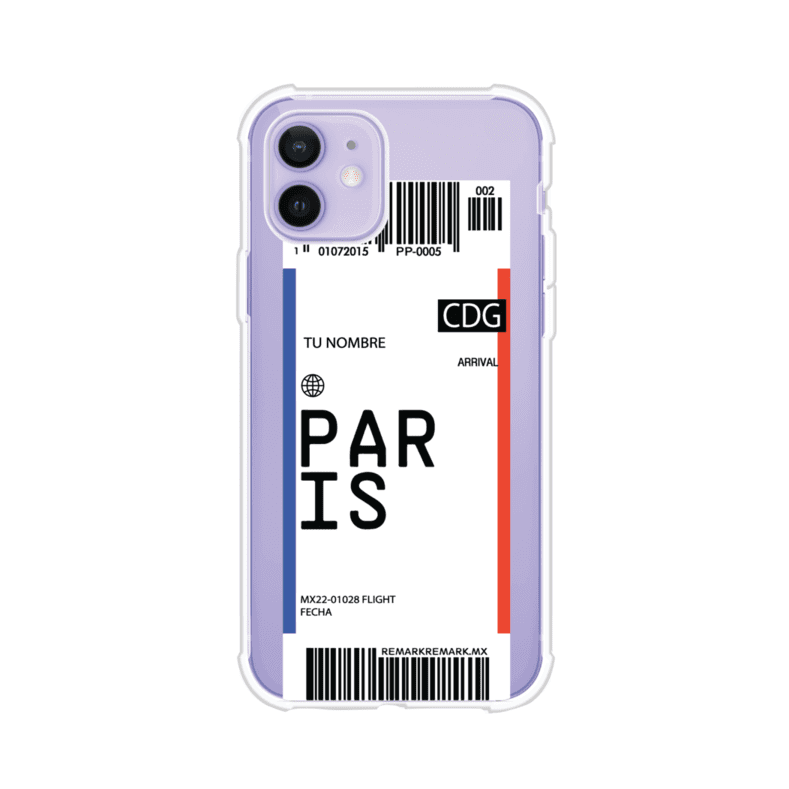 Funda personalizada estilo pase de abordar con diseño de París y código CDG, personalizable con nombre y datos de vuelo; producto de Remark MX para iPhone