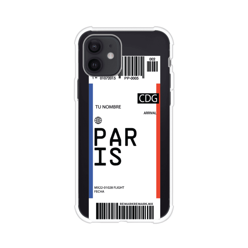 Funda personalizada estilo pase de abordar con diseño de París y código CDG, personalizable con nombre y datos de vuelo; producto de Remark MX para iPhone
