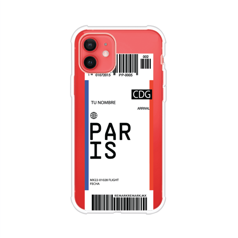Funda personalizada estilo pase de abordar con diseño de París y código CDG, personalizable con nombre y datos de vuelo; producto de Remark MX para iPhone