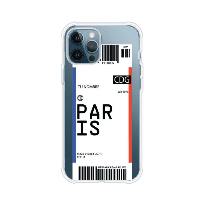 Funda personalizada estilo pase de abordar con diseño de París y código CDG, personalizable con nombre y datos de vuelo; producto de Remark MX para iPhone