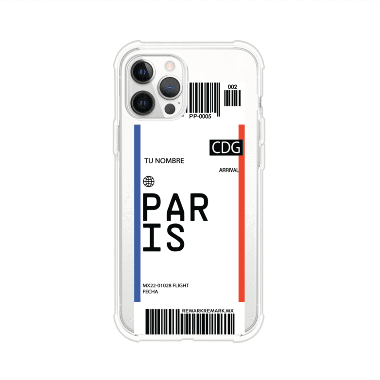 Funda personalizada estilo pase de abordar con diseño de París y código CDG, personalizable con nombre y datos de vuelo; producto de Remark MX para iPhone