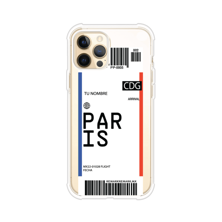 Funda personalizada estilo pase de abordar con diseño de París y código CDG, personalizable con nombre y datos de vuelo; producto de Remark MX para iPhone