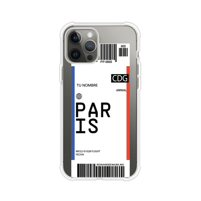 Funda personalizada estilo pase de abordar con diseño de París y código CDG, personalizable con nombre y datos de vuelo; producto de Remark MX para iPhone