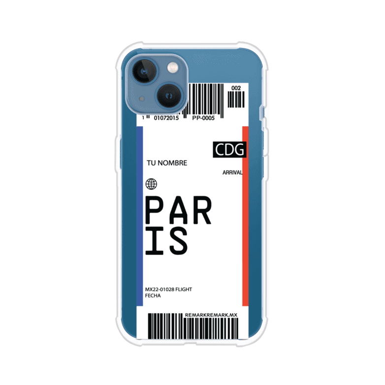 Funda personalizada estilo pase de abordar con diseño de París y código CDG, personalizable con nombre y datos de vuelo; producto de Remark MX para iPhone