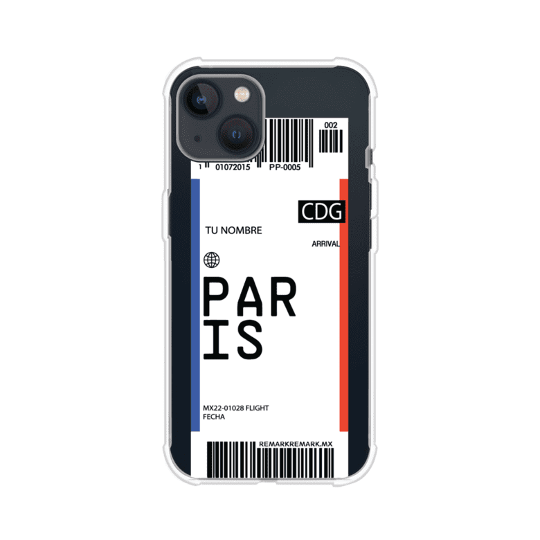 Funda personalizada estilo pase de abordar con diseño de París y código CDG, personalizable con nombre y datos de vuelo; producto de Remark MX para iPhone