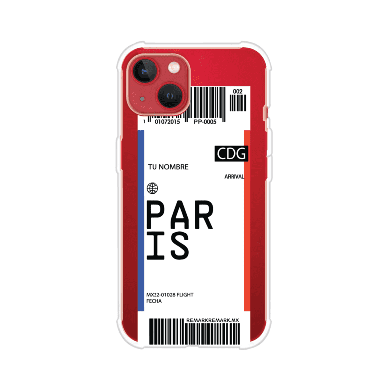 Funda personalizada estilo pase de abordar con diseño de París y código CDG, personalizable con nombre y datos de vuelo; producto de Remark MX para iPhone