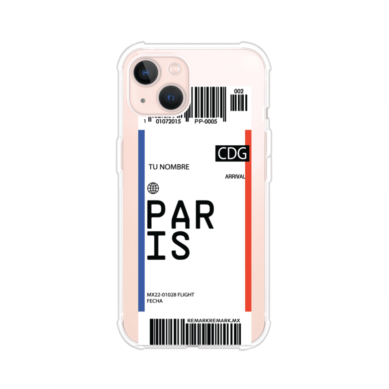 Funda personalizada estilo pase de abordar con diseño de París y código CDG, personalizable con nombre y datos de vuelo; producto de Remark MX para iPhone
